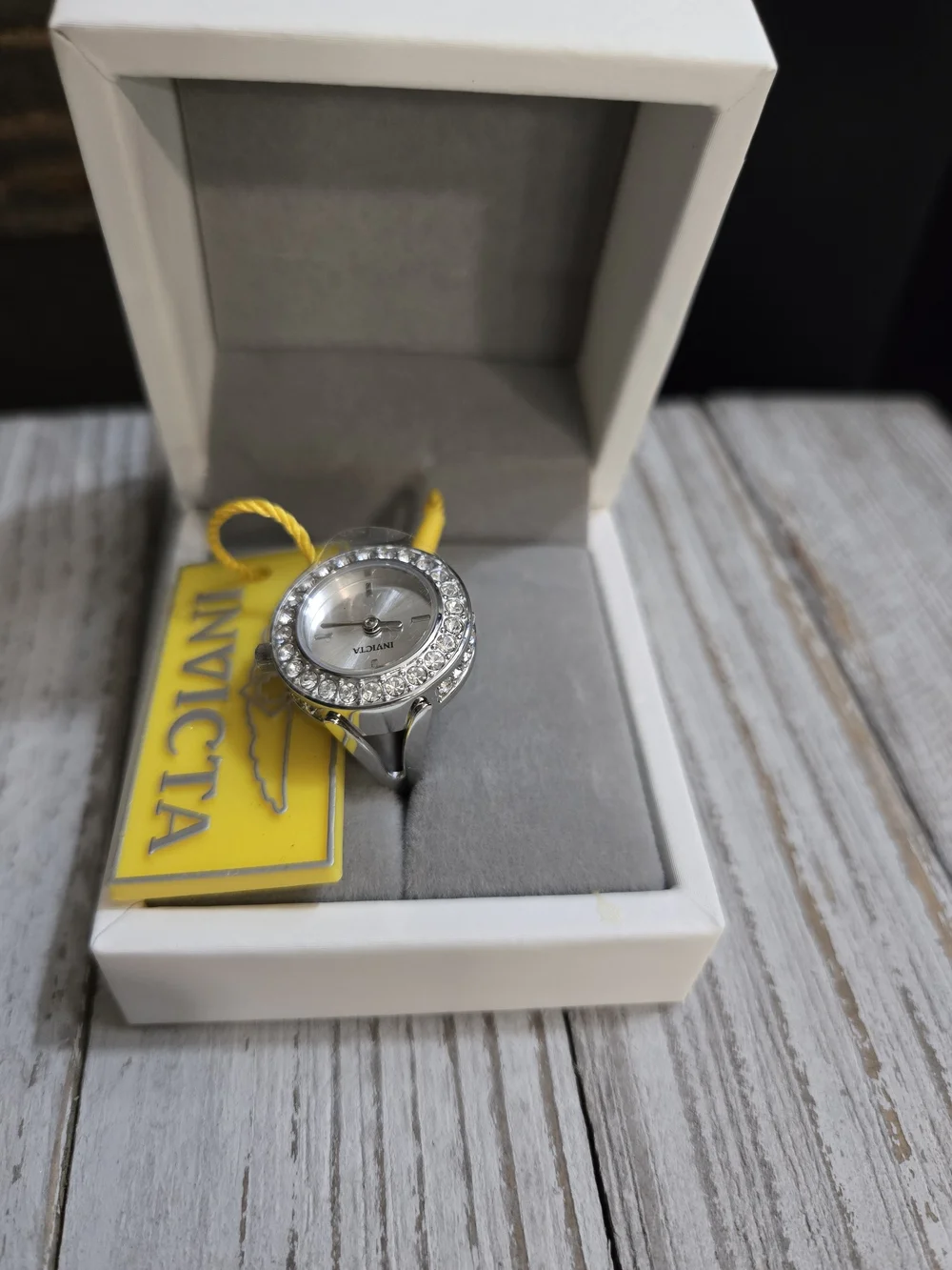 Invicta Silver Crystal Ring Watch with Sparkling Bezel